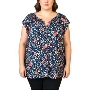 Daniel Rainn 2X Navy Dark Floral Distressed Frayed Spring Summer Blouse Top